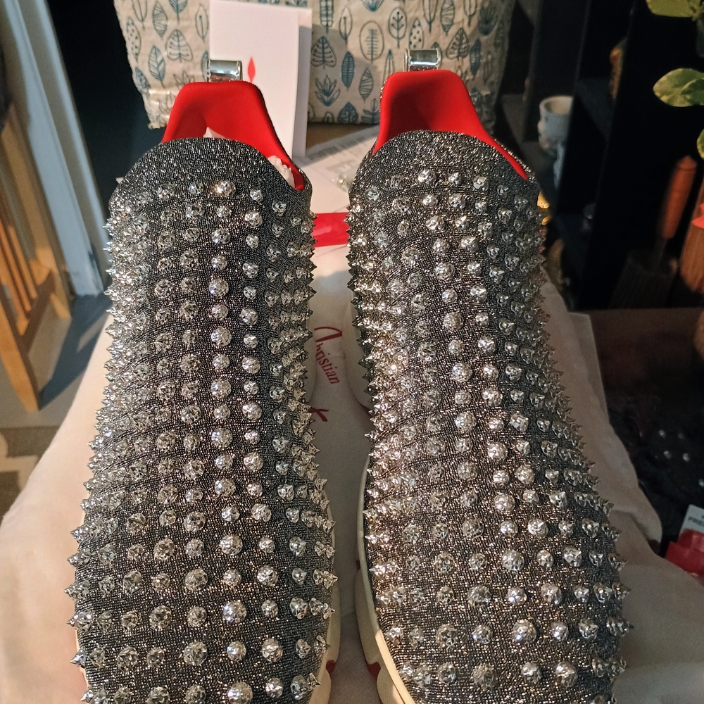 Christian Louboutin Silver and Red Spiked Sneakers Men's Size 12 - Picture 5 of 12